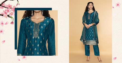 Teal Floral Embroidered Kurta with Palazzo & With Dupatta